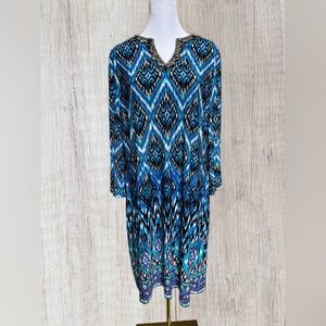 Chico’s Dress Women's Blue Black Beaded Neck 3/4 Sleeve Shift Dress Size 2 or L
